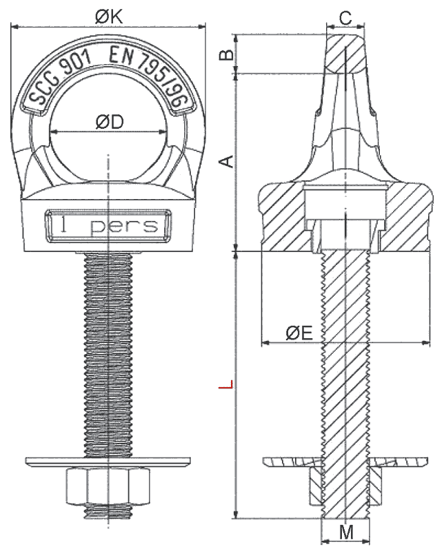 Zeichnung: Ringschraube variabel für Absturzsicherung (PSA) nach EN 795