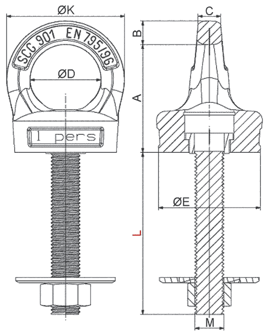 Zeichnung: Ringschraube variabel für Absturzsicherung (PSA) nach EN 795