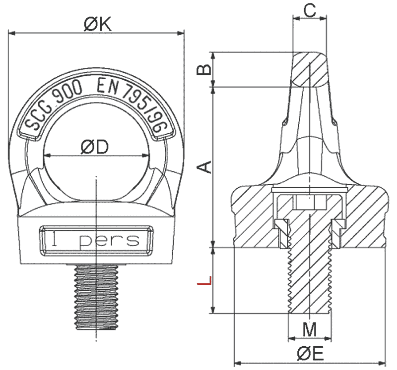 Zeichnung: Ringschraube variabel für Absturzsicherung (PSA) nach EN 795