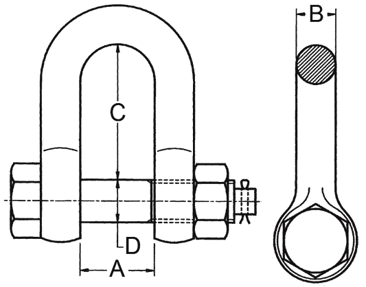 Zeichnung: Schäkel gerade, mit Mutter und Splint