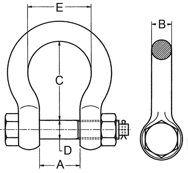 Zeichnung: Schäkel, geschweift mit Mutter und Splint