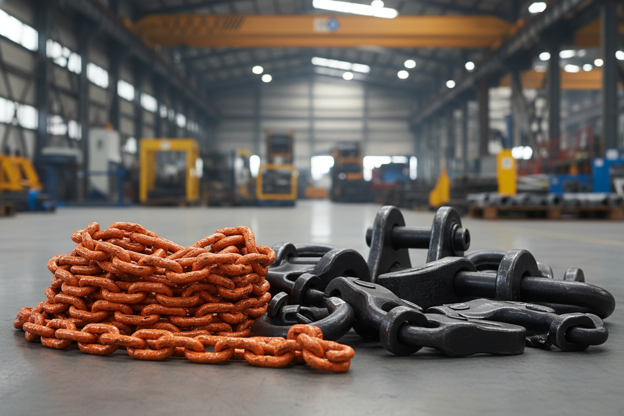 anschlagketten und komponenten auf einem bild die sollen orange sein und schwarz in der industrie im hintergrund 